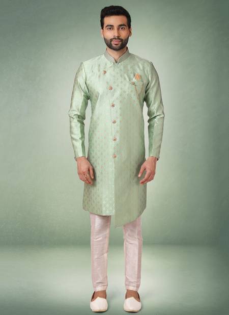 Pista Green Colour New Exclusive Wedding Wear Jacquard Banarasi Brocade Indo Western Mens Collection 1085